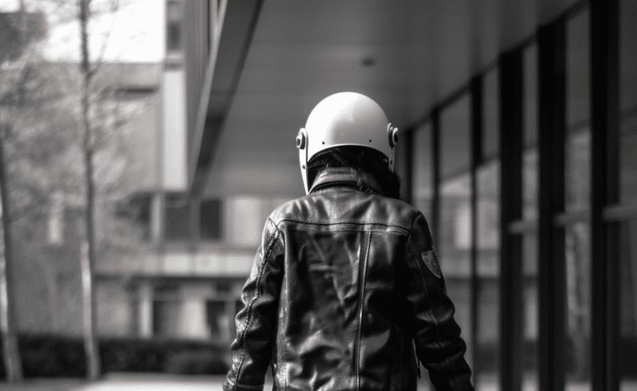 Una persona con chaqueta y casco de motorista caminando